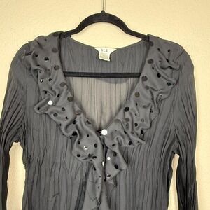 Vtg S.L.B. Ruffle Black Sheer Plisse Top Bell Sleeve Whimsygoth Y2K Sz XL *read